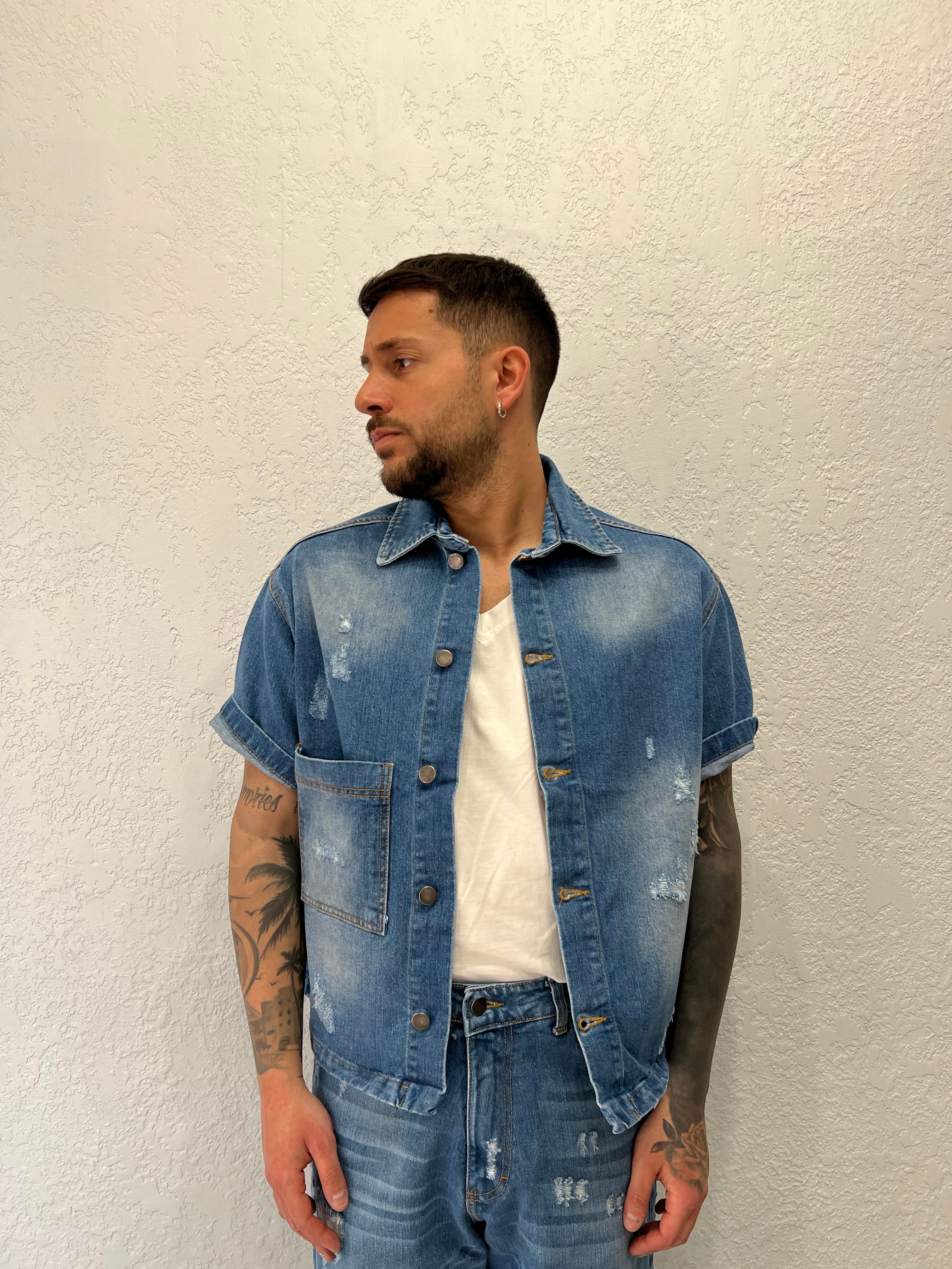 Camicia in Jeans Cropped Lavaggio Chiaro