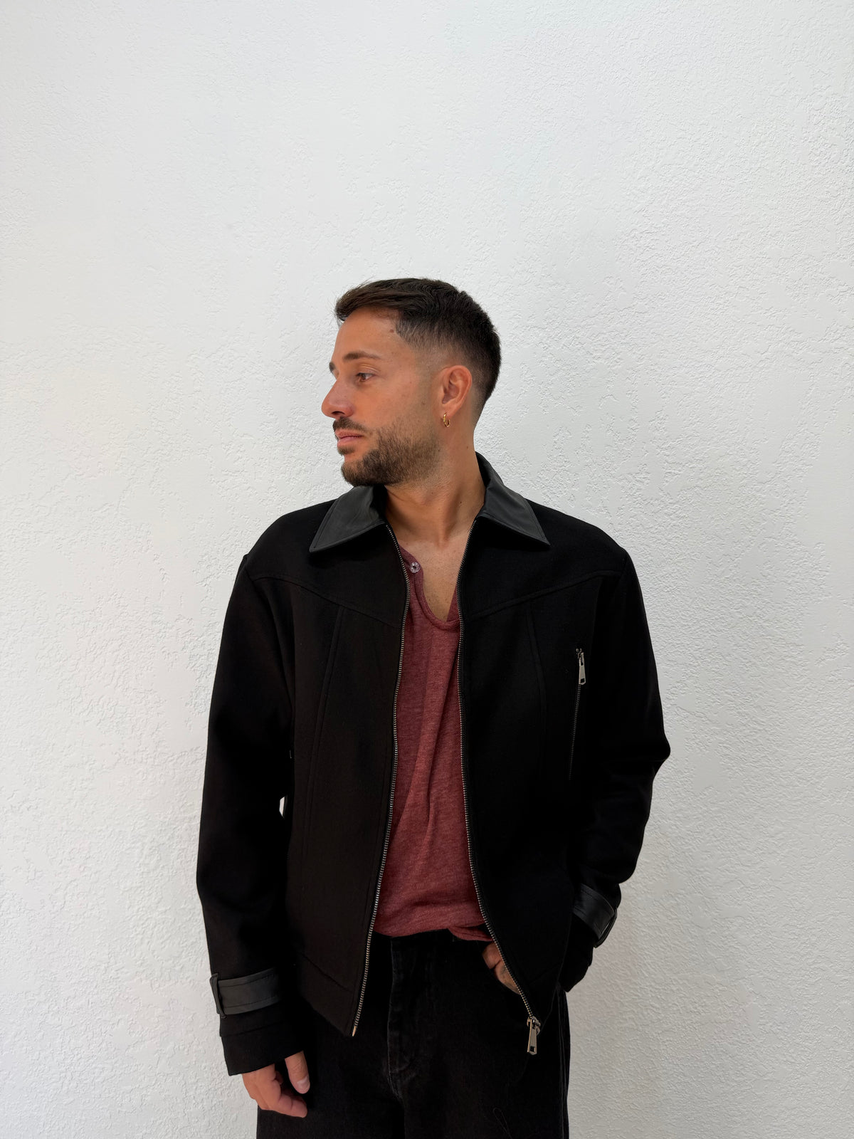 JACKET IN PANNO CON DETTAGLI IN PELLE