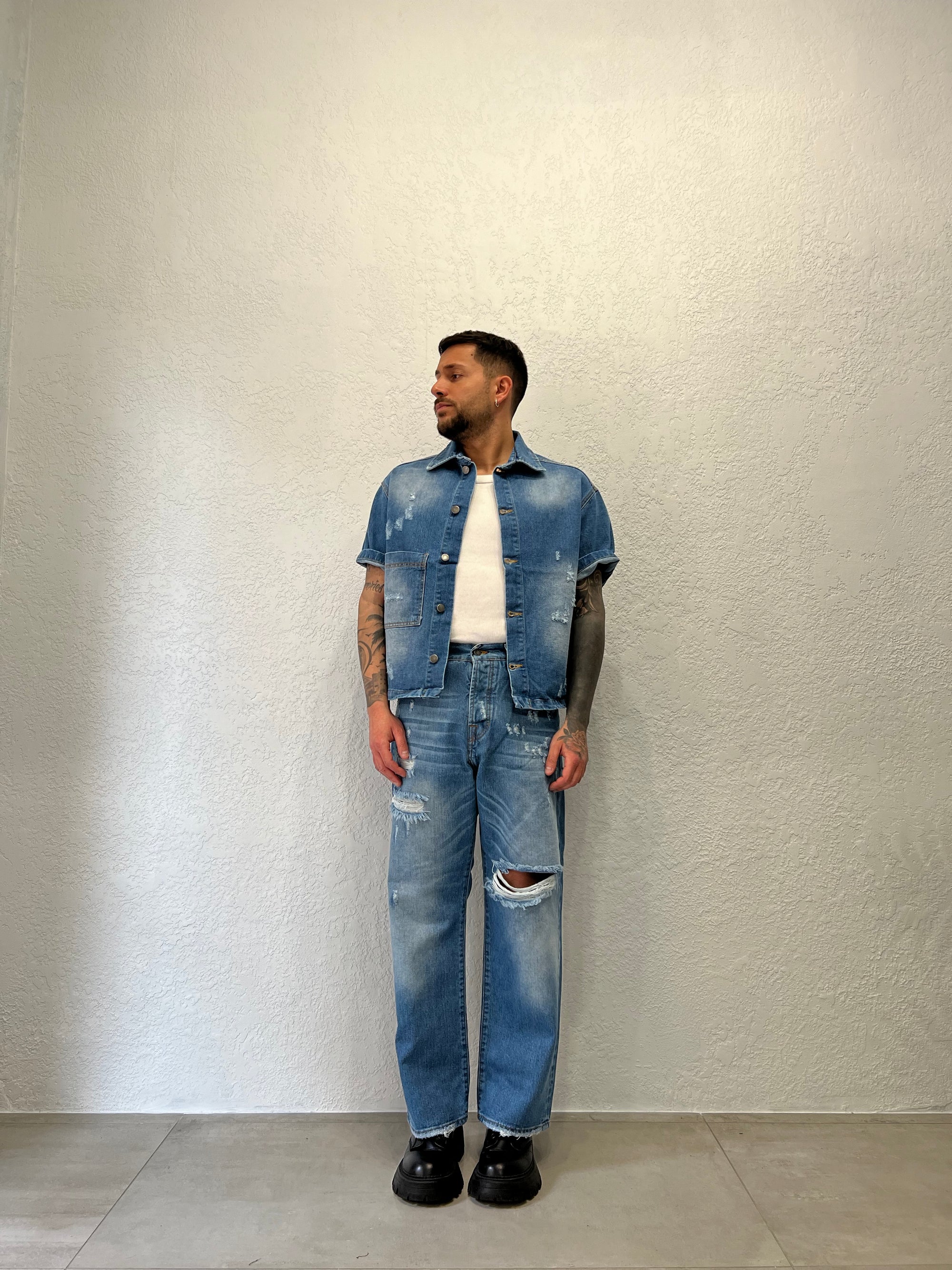 Camicia in Jeans Cropped Lavaggio Chiaro