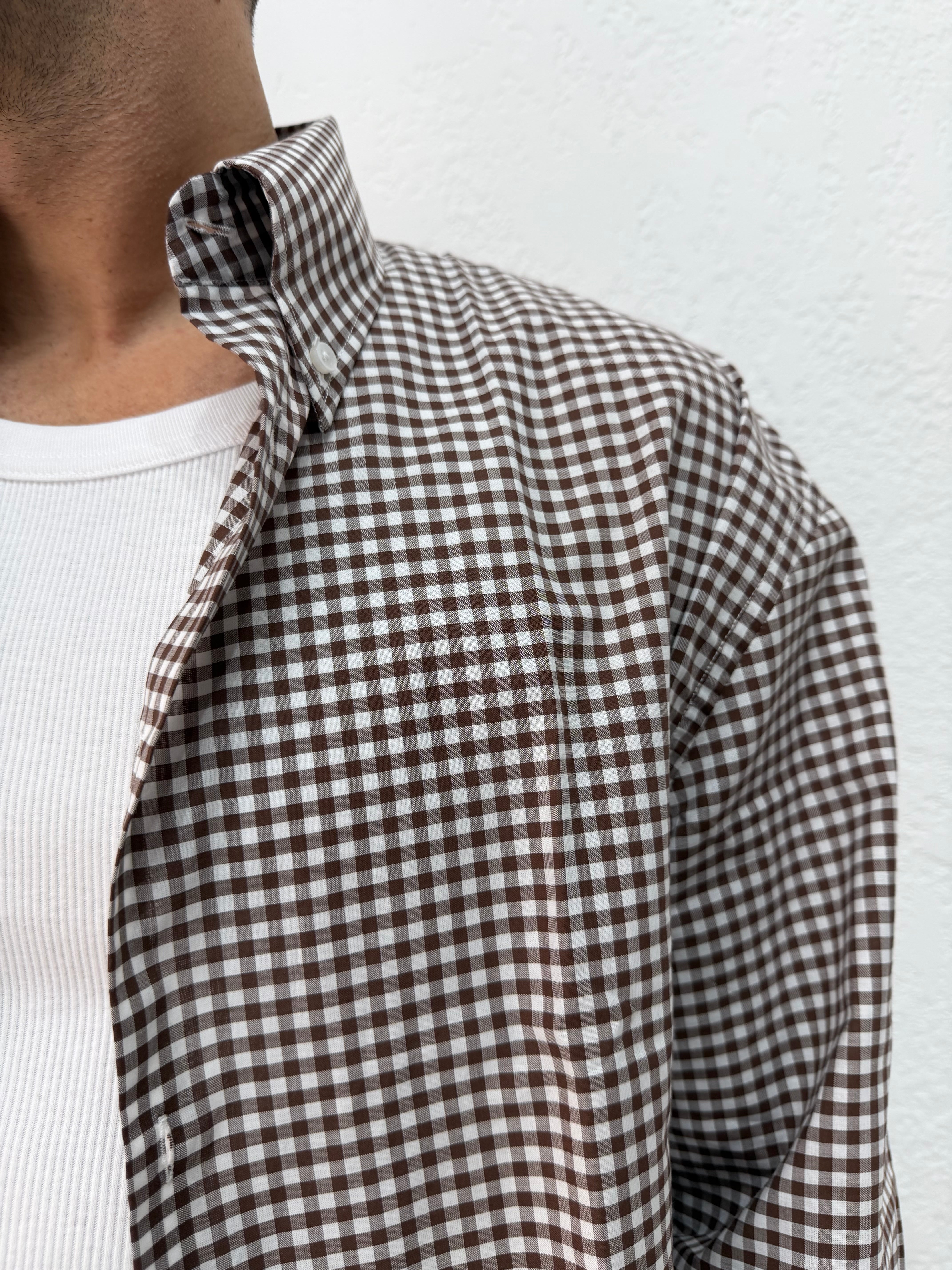 CAMICIA OVER STONDATA CON RICAMO VD QUADRI MARRONE