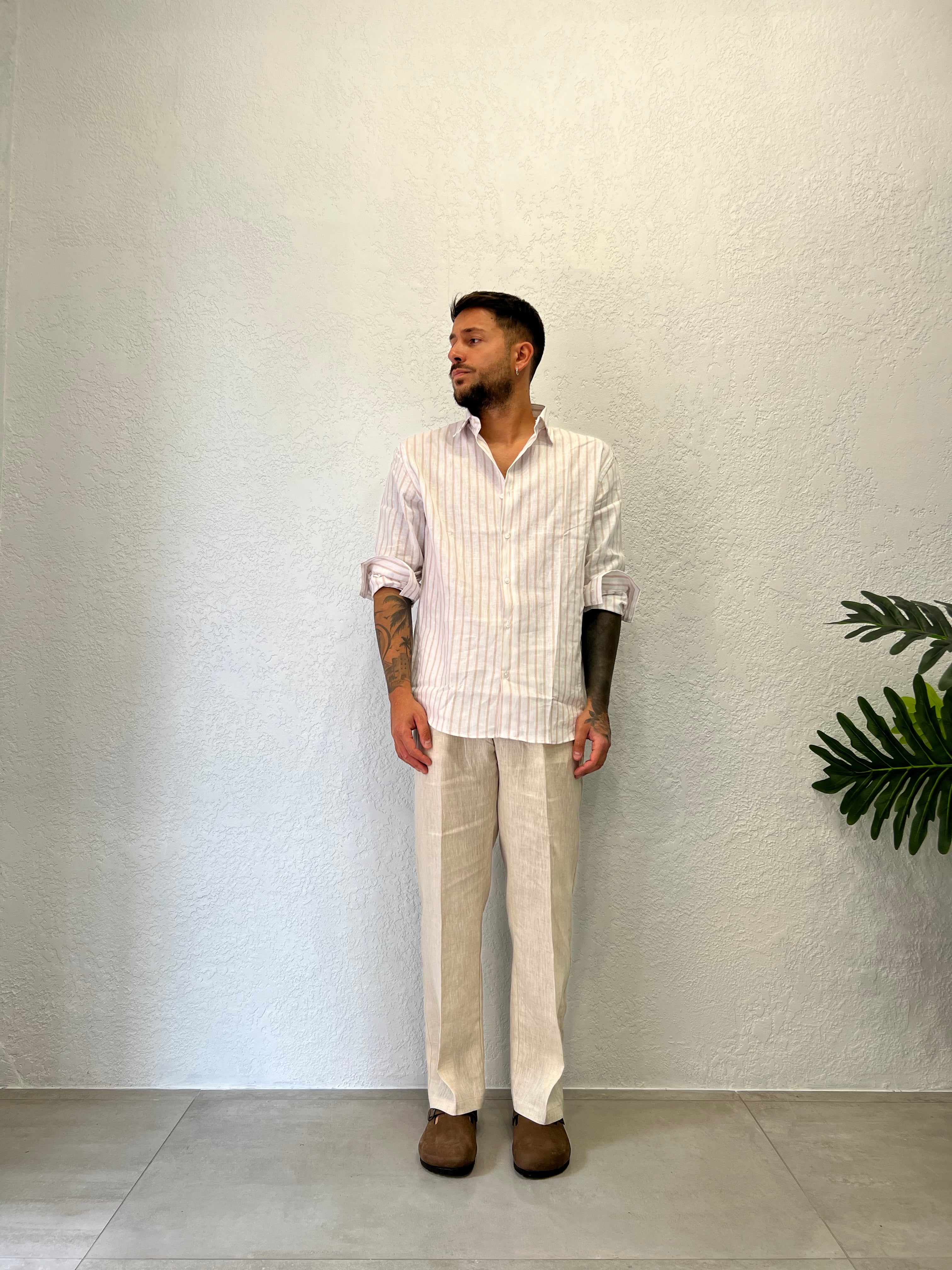 Camicia Rigata Over Lino 100%