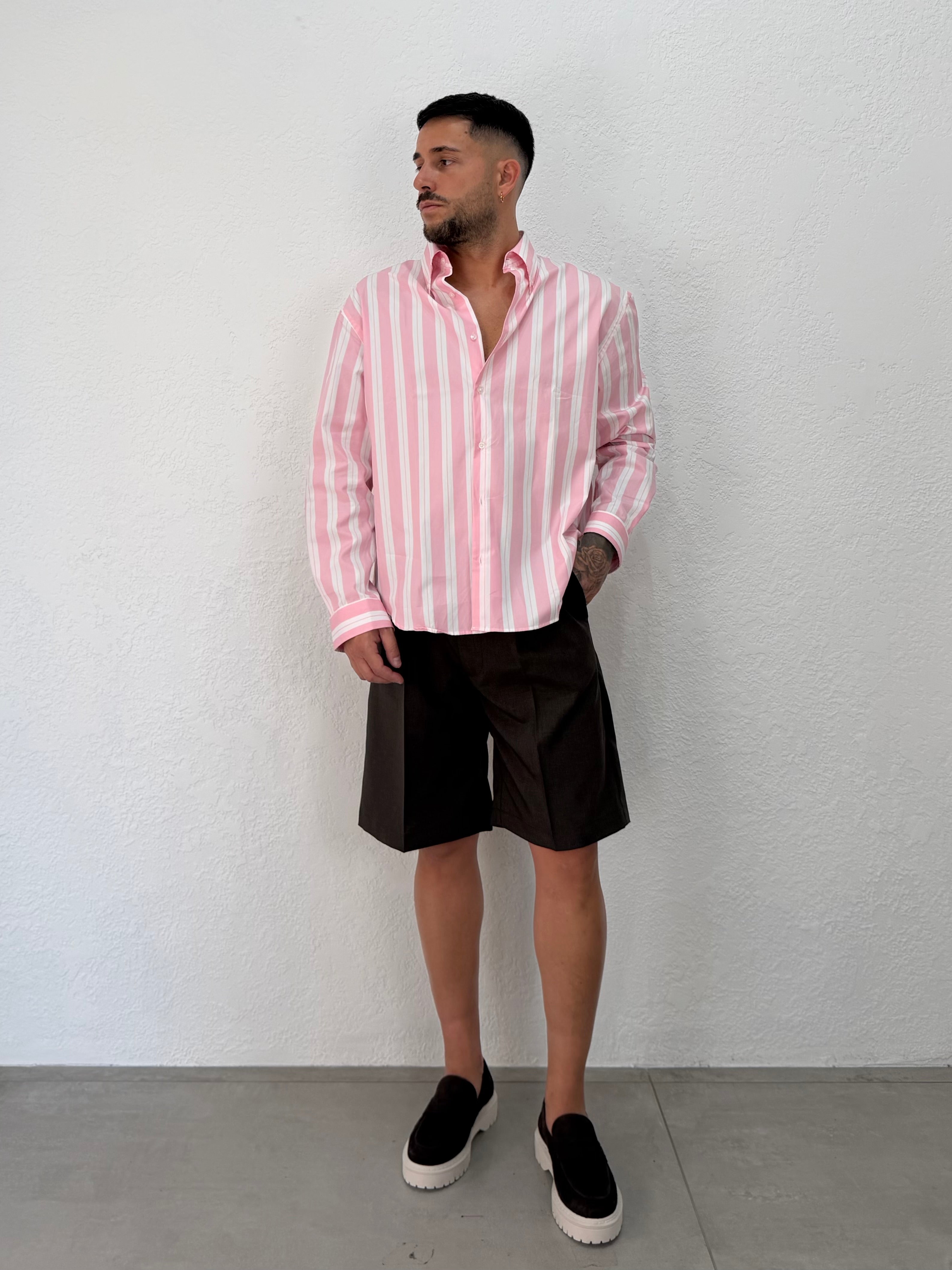 CAMICIA OVER STONDATA CON RICAMO VD RIGATA ROSA