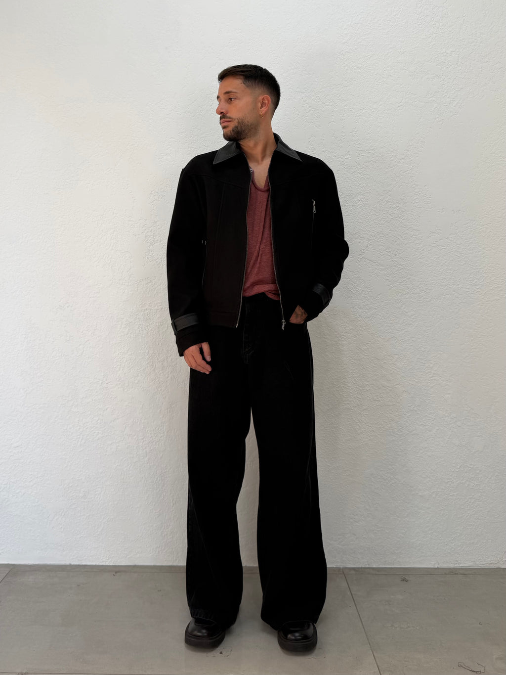 JACKET IN PANNO CON DETTAGLI IN PELLE