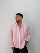 CAMICIA OVER STONDATA CON RICAMO VD RIGATA ROSA