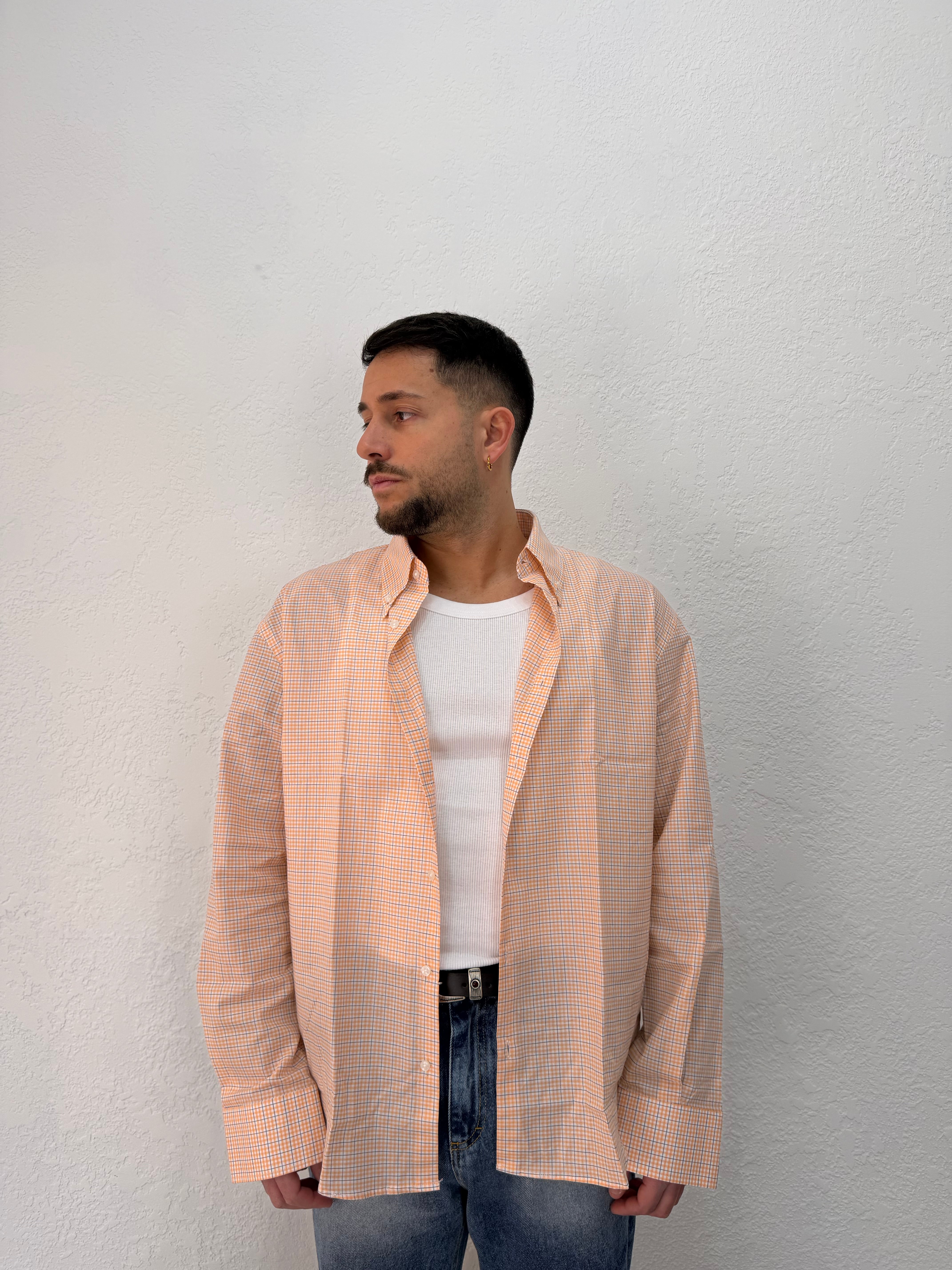 CAMICIA OVER STONDATA CON RICAMO VD QUADRI ARANCIO/BLU